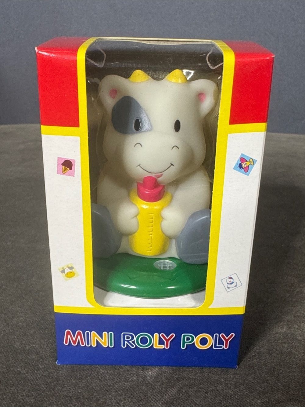 Vintage White Cow Mini Balancing Toy Roly Poly Squeaks Green Base NEW OLD STOCK